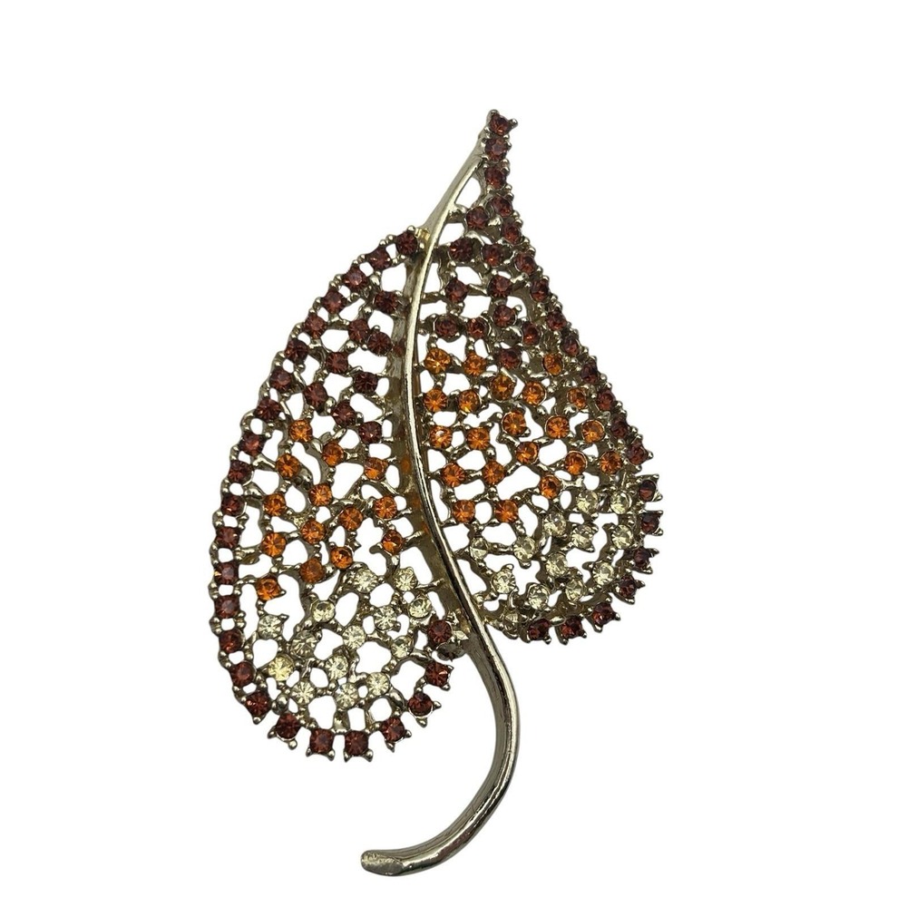 Vintage Signed Dodds Amber/Orange/Yellow Rhinestoned Openwork Leaf Brooch Pin